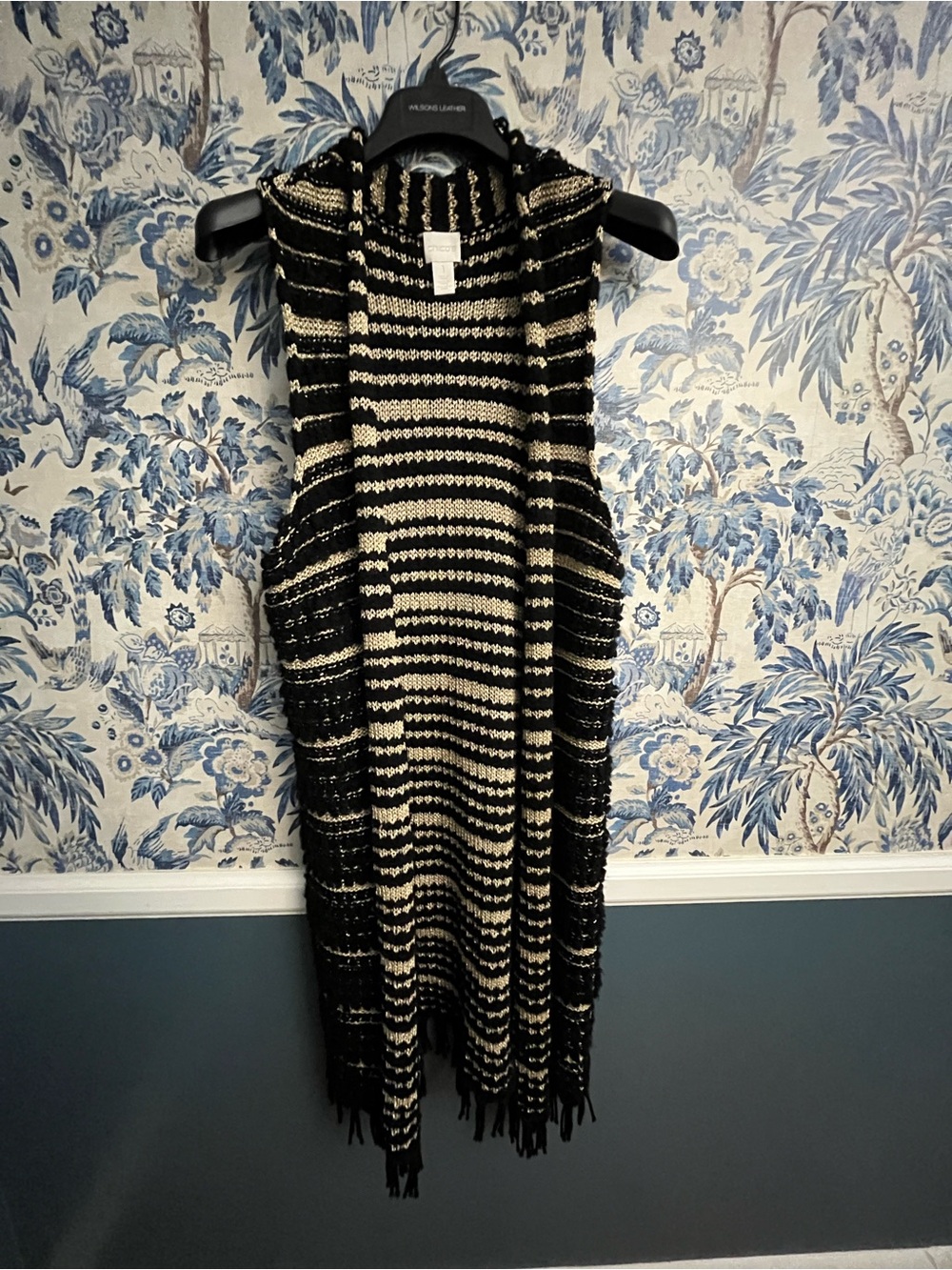 Striped Black and Cream Knit Sleeveless Duster Sweater- Brand Chicos